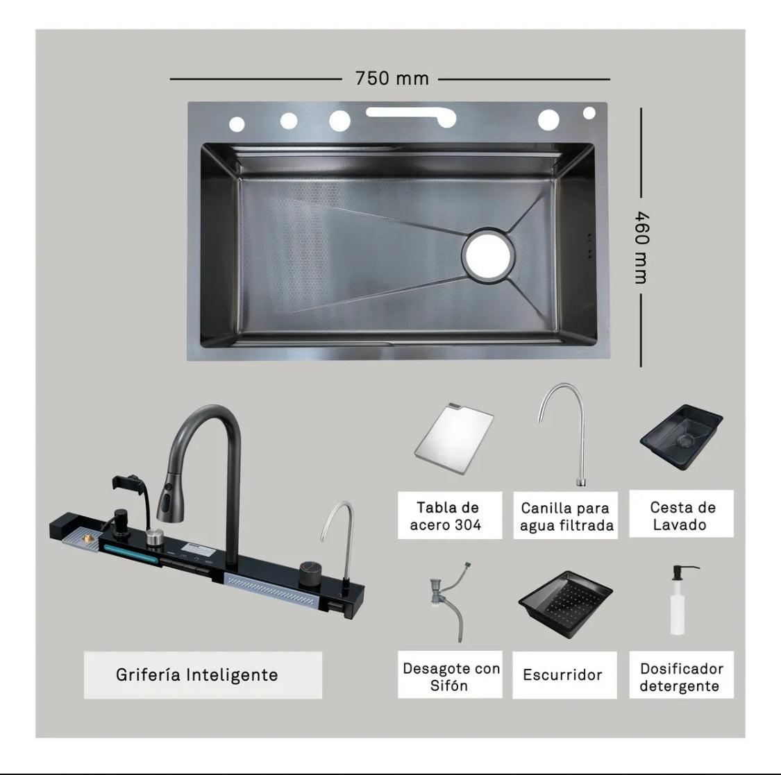 Bacha De Cocina Inteligente Acero Inox Griferia Portacelular Nano Black