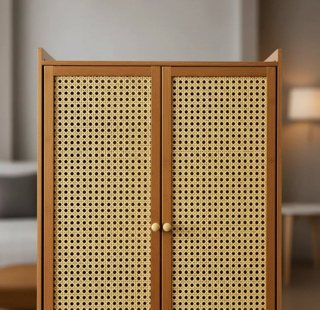 Mueble multiuso en madera y ratan