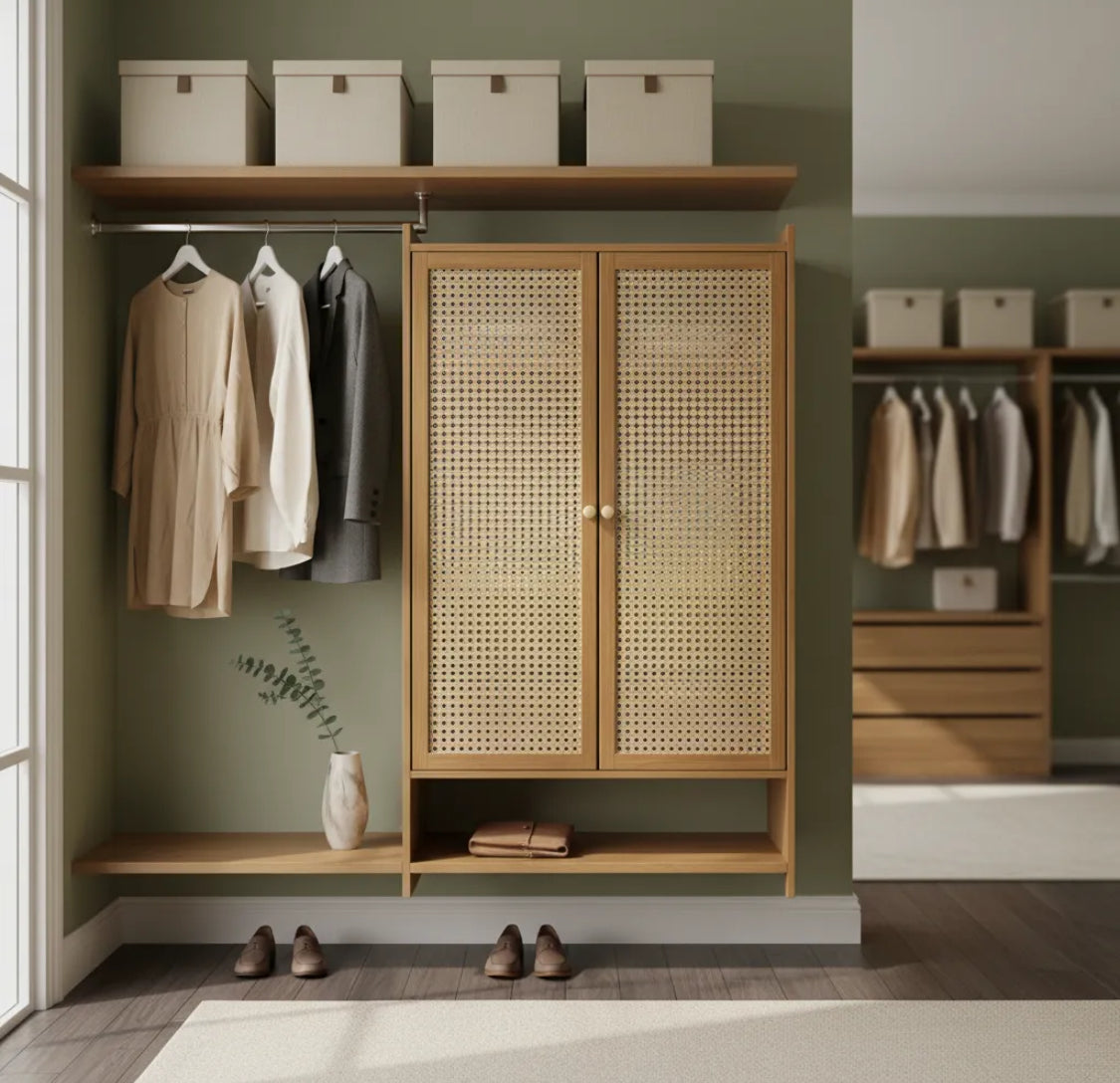 Mueble multiuso en madera y ratan