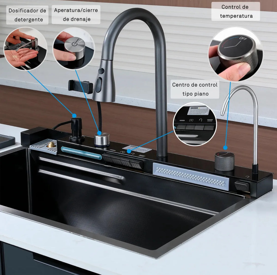 Bacha De Cocina Inteligente Acero Inox Griferia Portacelular Nano Black