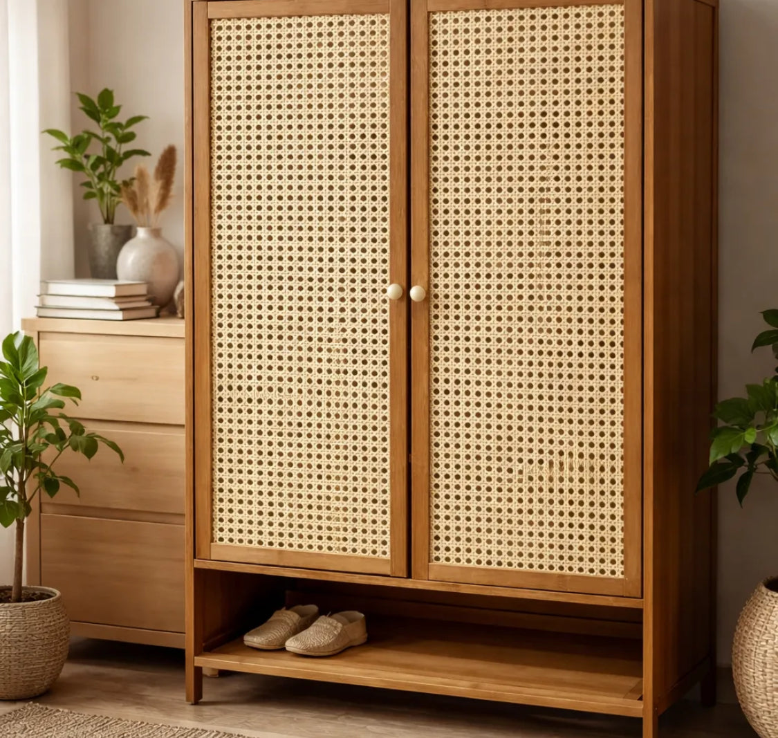 Mueble multiuso en madera y ratan