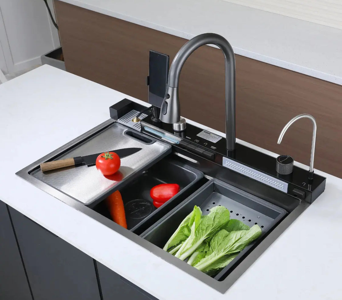 Bacha De Cocina Inteligente Acero Inox Griferia Portacelular Nano Black