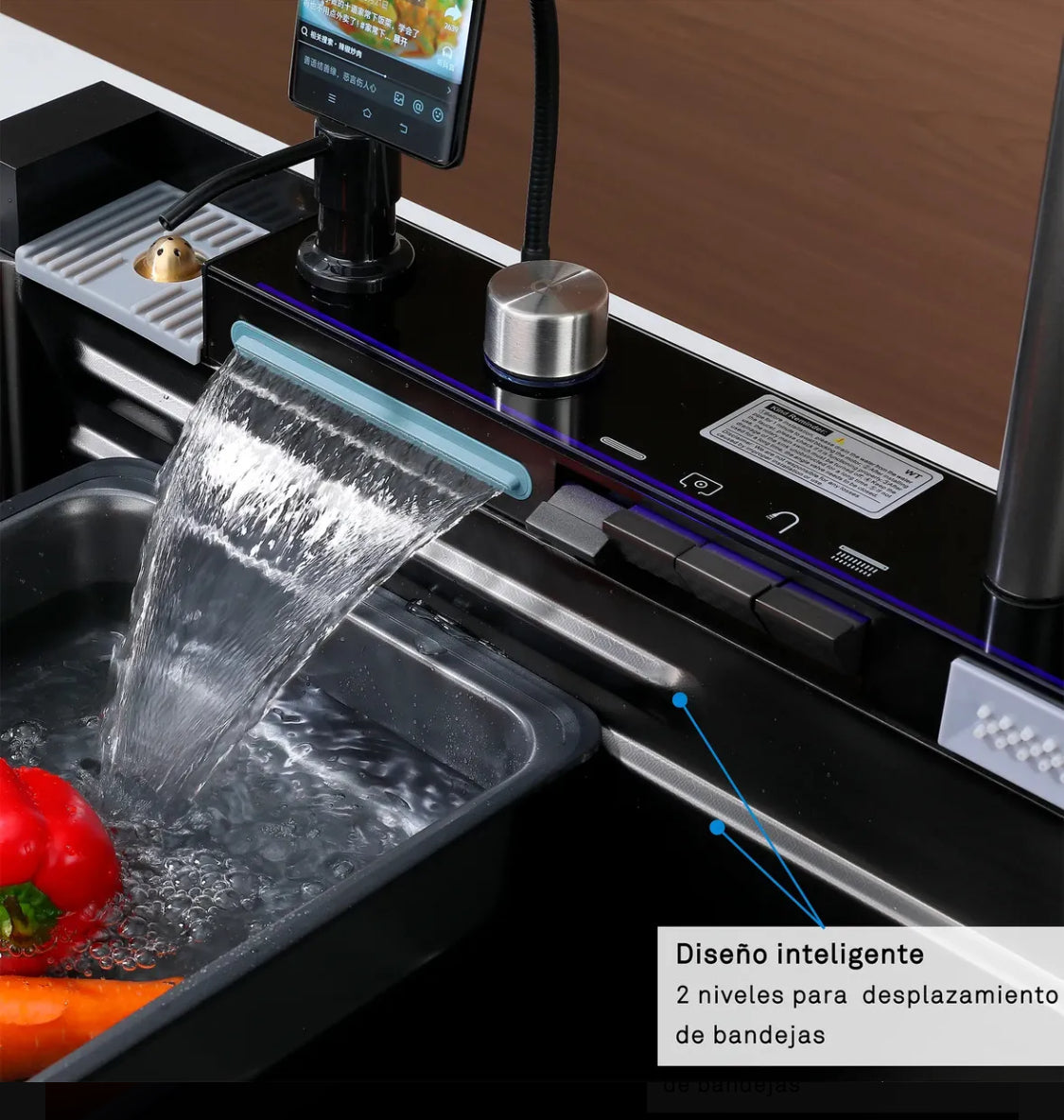 Bacha De Cocina Inteligente Acero Inox Griferia Portacelular Nano Black