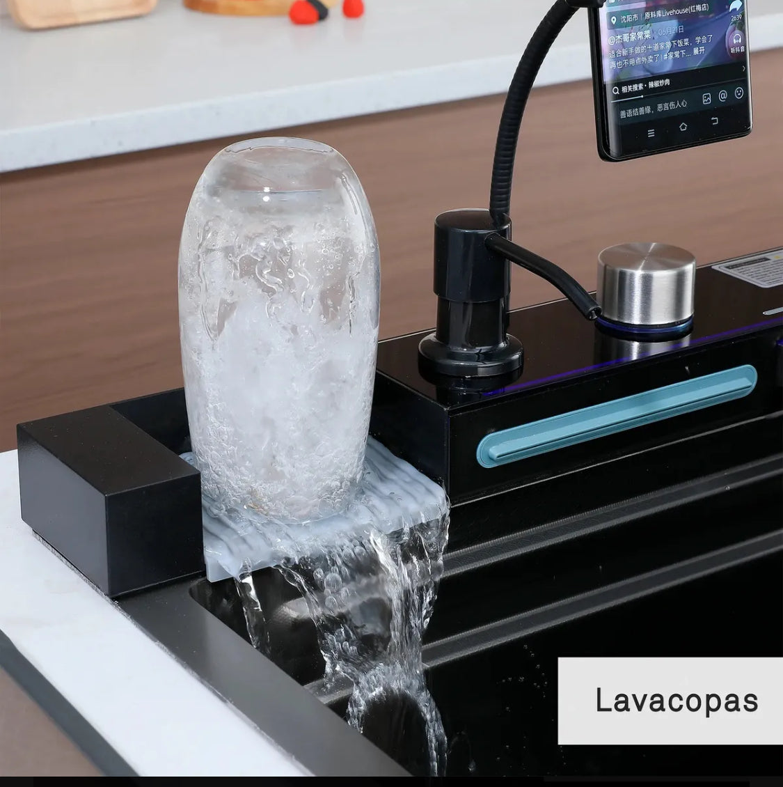 Bacha De Cocina Inteligente Acero Inox Griferia Portacelular Nano Black