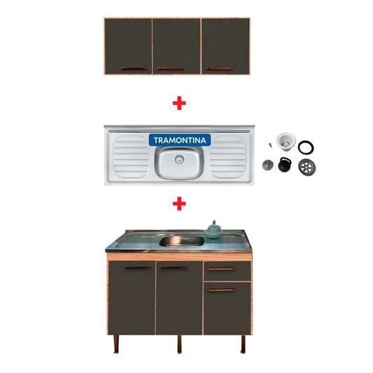 Bajo Mesada + Mueble Aéreo De Cocina + Pileta Premium ® Color Gris Grafito