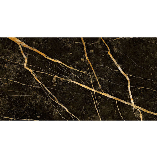 Semi Gres 62X119 Rectificado Pulido Negro Marquina Vetas Dorada