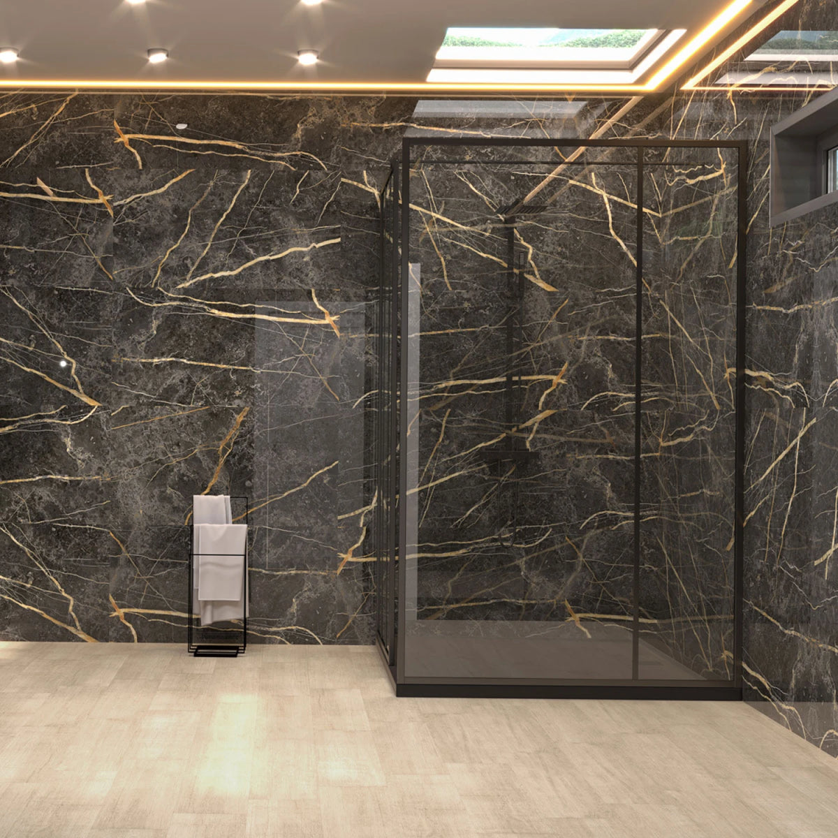 Semi Gres 62X119 Rectificado Pulido Negro Marquina Vetas Dorada